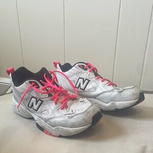New Balance 608 White Sneakers with Pink Laces